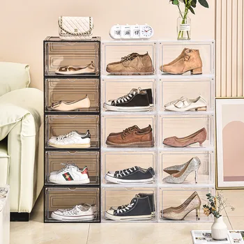 Кутия за съхранение на обувки Прозрачен рафт за обувки Подреждащи се една върху друга маратонки Организатор Прахоустойчив шкаф за съхранение на обувки Спестяване на място Контейнери и контейнери - Изображение 1  