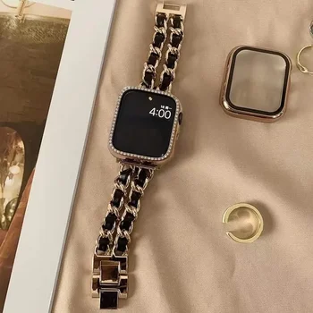 Луксозна метална кожена каишка за Apple Watch Band 49mm 41mm 45mm 38mm 42mm 44mm 40mm Дамска гривна за iWatch Ultra 8 7 SE 6 5 4 - Изображение 1  