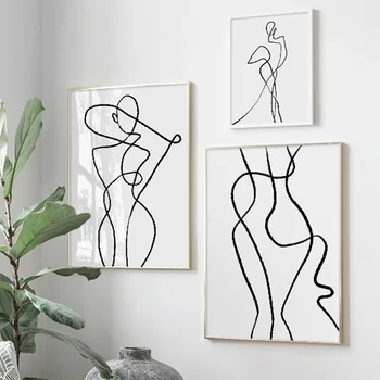 Минимализъм Абстрактна линия стена изкуство платно живопис черно бяла фигура плакати и отпечатъци стена снимки за спалня дома декор - Изображение 1  