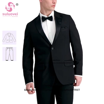Мода елегантен връх ревера смокинг костюми за мъже сватба младоженци 2 парче панталони комплект официални шафери вечеря абитуриентски блейзър Masculino - Изображение 1  