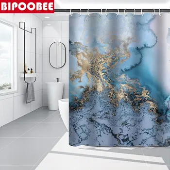 Модерен мрамор отпечатани душ завеса водоустойчив полиестер плат баня завеси пиедестал килим тоалетна капак капак постелки за баня - Изображение 2  