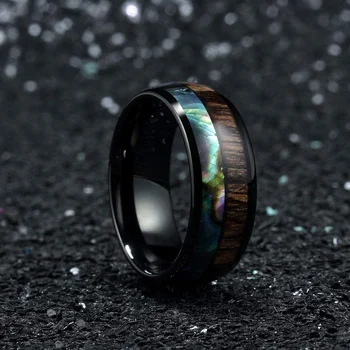 Модни мъже Черно неръждаема стомана Koa дърво пръстен инкрустация цветни Abalone черупки пръстени за мъже жени годежна сватбена лента бижута - Изображение 2  