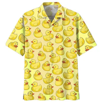 Мъжка риза графичен печат патица ревера светло жълт случайни хавайски къс ръкав бутон нагоре спортна мода улица шик дизайн - Изображение 1  