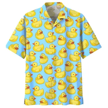 Мъжка риза графичен печат патица ревера светло жълт случайни хавайски къс ръкав бутон нагоре спортна мода улица шик дизайн - Изображение 2  