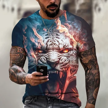 Мъжка тениска с лъвски принт 3D тигър леопард модел къс ръкав летни мъже бързо сушене тениска голям случайни удобни дрехи - Изображение 1  