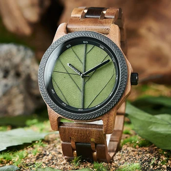 Мъжки дървен часовник с истинско листо, часовник BOBO BIRD, оставя лицето на оригиналния дървен часовник, гравиран часовник, подарък за годишнината за човека - Изображение 1  
