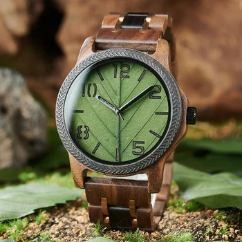 Мъжки дървен часовник с истинско листо, часовник BOBO BIRD, оставя лицето на оригиналния дървен часовник, гравиран часовник, подарък за годишнината за човека - Изображение 2  
