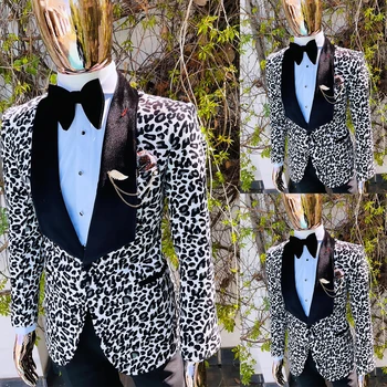 Мъжки костюми пригодени 2 парчета леопард нетактичност черни панталони един бутон широк кадифе ревера плюс размер тънък годни по поръчка плюс размер - Изображение 1  