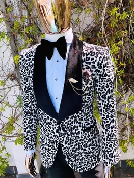 Мъжки костюми пригодени 2 парчета леопард нетактичност черни панталони един бутон широк кадифе ревера плюс размер тънък годни по поръчка плюс размер - Изображение 2  