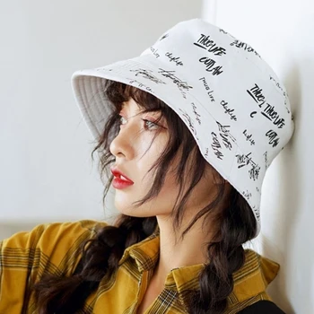 Нов двустранен износване кофа шапка мъже жени японски графити писмо открит слънчеви шапки Унисекс широка периферия сгъваеми рибарски шапки - Изображение 2  