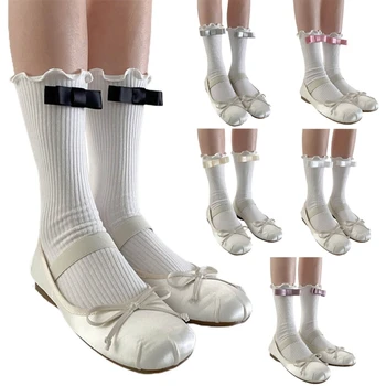 нов стил жени летни ежедневни носенето дантелени памук къси чорап лъкове плътен цвят - Изображение 1  