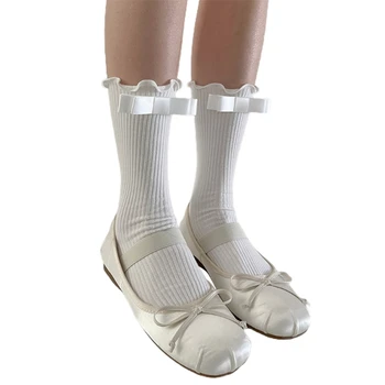 нов стил жени летни ежедневни носенето дантелени памук къси чорап лъкове плътен цвят - Изображение 2  