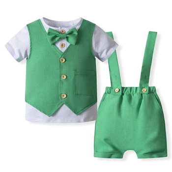 Новородени малки момчета 4Pcs джентълменски костюми костюми къс ръкав тениска бутон жилетка папийонка сувенир къси панталони - Изображение 2  