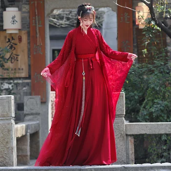 Оригинален ханфу Дамски старинен костюм Червен елегантен пайети блестящи 2-слойни плат фея китайски стил танц бала - Изображение 2  