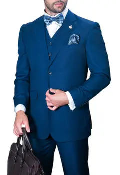 Официален бизнес син мъжки костюми сватбени смокинги мъжки костюм 3Pieces по поръчка Terno Masculino Blazer (яке + панталон + жилетка) - Изображение 1  