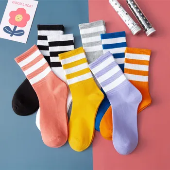 Памучни раирани чорапи Жени Плътен цвят Harajuku ретро Kawaii екипаж чорапи бял черен училище момичета сладък хлабав чорап Calcetines Sox - Изображение 2  