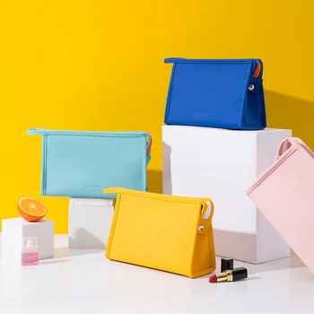 Плътен цвят грим чанта куфарче грим чанта дръжка грим чанта голям капацитет съхранение чанта PU грим чанта - Изображение 1  