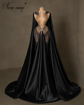 Разкошни вечерни рокли с черни мъниста Турски Дубай Кейп ръкави знаменитост рокля моди плюс размер кристали абитуриентски парти рокли - Изображение 1  