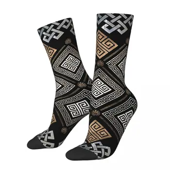 Ретро ключ украшение черно и златно мъжки чорапи гръцки меандър унисекс новост безшевни отпечатани щастлив екипаж чорап подарък - Изображение 1  