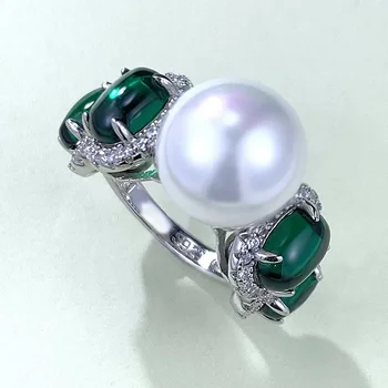 Ръчно изработени перлени изумрудени диамантени пръстени истински 925 стерлинги сребърен парти сватбена лента пръстени за жени булчински годежни бижута - Изображение 1  