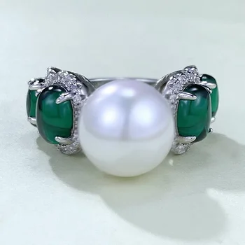 Ръчно изработени перлени изумрудени диамантени пръстени истински 925 стерлинги сребърен парти сватбена лента пръстени за жени булчински годежни бижута - Изображение 2  