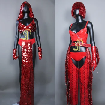 Секси Гого танцьор костюм червени пайети ресни комплект полюс танц облекло женски нощен клуб DJ DS етап рейв екипировки сценично облекло XS7589 - Изображение 1  