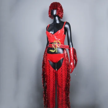 Секси Гого танцьор костюм червени пайети ресни комплект полюс танц облекло женски нощен клуб DJ DS етап рейв екипировки сценично облекло XS7589 - Изображение 2  