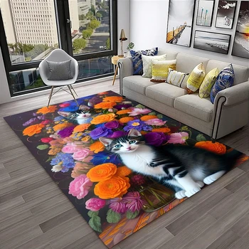 сладък котешки килим пасторално цвете карикатура животински килим за баня спалня диван изтривалка декор,детска площадка килим нехлъзгащ етаж мат - Изображение 2  