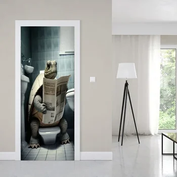 Смешни баня животински врата стикери 3D прекрасна дива природа тапет Decal водоустойчив самозалепващи дома спалня декор плакат стенопис3 - Изображение 2  
