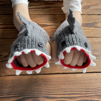 Смешни ръчно изработени ръкавици за акули зимни топли ръкавици с половин пръст за коледни новогодишни подаръци - Изображение 2  