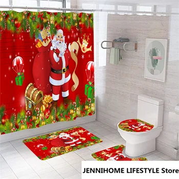 Снежен човек 2022 Коледен комплект завеси за душ Дядо Коледа миещ се полиестерен плат Завеси за баня Тоалетна корица Мат карикатура стил - Изображение 2  