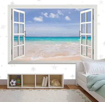 Тропически плаж стена стикер синьо море пясъчни вълни плаж decal прозорец изглед 3D стена стенопис стикер - Изображение 1  