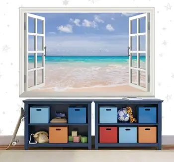 Тропически плаж стена стикер синьо море пясъчни вълни плаж decal прозорец изглед 3D стена стенопис стикер - Изображение 2  