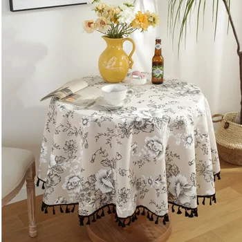 Флорални ленени памучни покривки с пискюл ретро nappe de Table Cover кръгла маса за хранене Покривка за маса за чай Tafelkleed - Изображение 2  