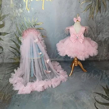 Цвете момиче рокля розов пухкав тюл пола мъниста блестящ сватба елегантен цвете бебе рокля първото причастие парти рокля - Изображение 1  