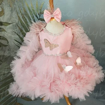 Цвете момиче рокля розов пухкав тюл пола мъниста блестящ сватба елегантен цвете бебе рокля първото причастие парти рокля - Изображение 2  