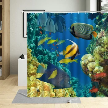 Цветна тропическа риба душ завеса подводен свят корал печат баня декор с куки екран завеси декорация дома - Изображение 1  