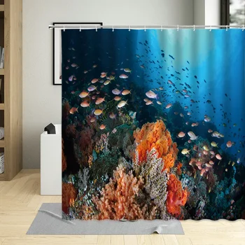 Цветна тропическа риба душ завеса подводен свят корал печат баня декор с куки екран завеси декорация дома - Изображение 2  