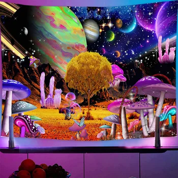 Черна светлина Киберпънк гоблен стена висящи UV реактивни психеделични фантазия бъдеще град киберпространство планета стена кърпа - Изображение 2  