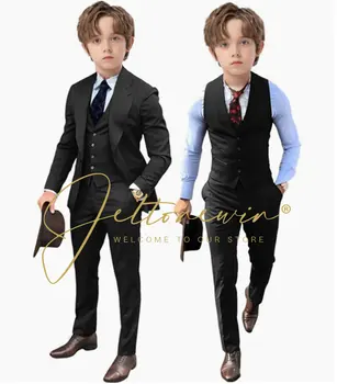 Черно момчета костюми яке панталони 3 парче комплект официални сватбени смокинг модни дрехи за деца Blazer дете детски дрехи момчета - Изображение 1  