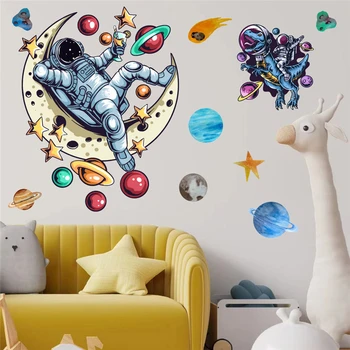 Честит астронавт, скитащ в космоса Стикери за стена за декорация на дома Планета звезда Луна стенопис изкуство Направи си сам детска стая Ваденки Pvc плакати - Изображение 1  