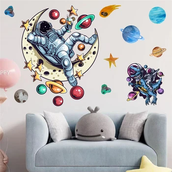 Честит астронавт, скитащ в космоса Стикери за стена за декорация на дома Планета звезда Луна стенопис изкуство Направи си сам детска стая Ваденки Pvc плакати - Изображение 2  